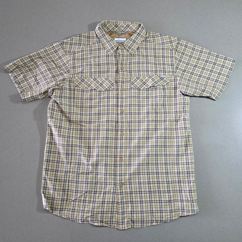 Columbia Mens Omni-Shade Plaid Short Sleeve Button Down Shirt Tan Brown Medium
